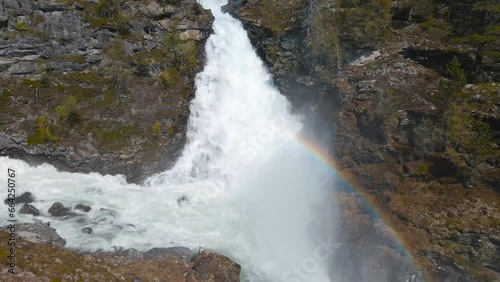 Aerial view of a massive  waterfall with a rainbow in Norway, Billingen photo