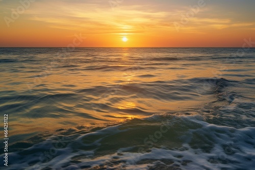 A peaceful ocean reflecting the sun's warm glow at dusk. Generative AI