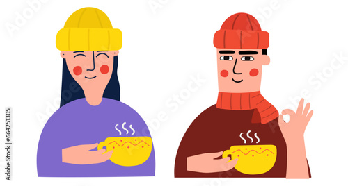 Young woman and young man in winter hats drink coffee. Cozy time. Winter season. Cold autumn. Illustration