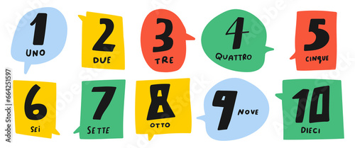 Numbers 1 - 10. Colorful speech bubbles. Italian language. Education for children. Illustration