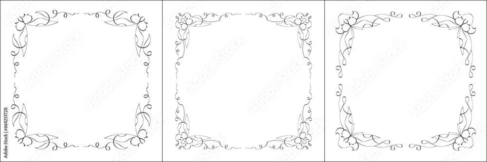 Set of three vector frames. Elegant black and white monochrome ornamental corners with butterflies for greeting cards, banners, invitations. Vector frames. Set of three vector frames. Elegant black and white monochrome ornamental corners with butterflies for greeting cards, banners, invitations. Vector frames.