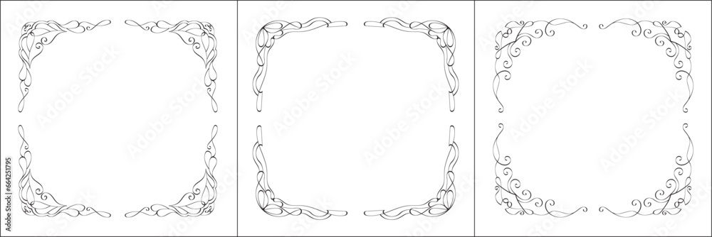 Set of three vector frames. Elegant black and white monochrome ornamental corners for greeting cards, banners, invitations. Vector frame for all sizes and formats. Isolated vector illustration. Set of three vector frames. Elegant black and white monochrome ornamental corners for greeting cards, banners, invitations. Vector frame for all sizes and formats. Isolated vector illustration.