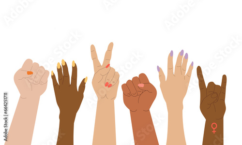 Women , girls hand drawn vector illustration in bright color , solidarity and unity girl different races, women power , for different design uses , cards , banner , books , flayers and other uses