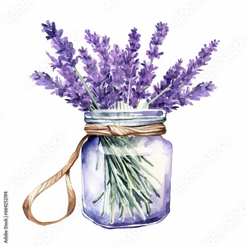 Water colour painting of lavender in a mason jar.