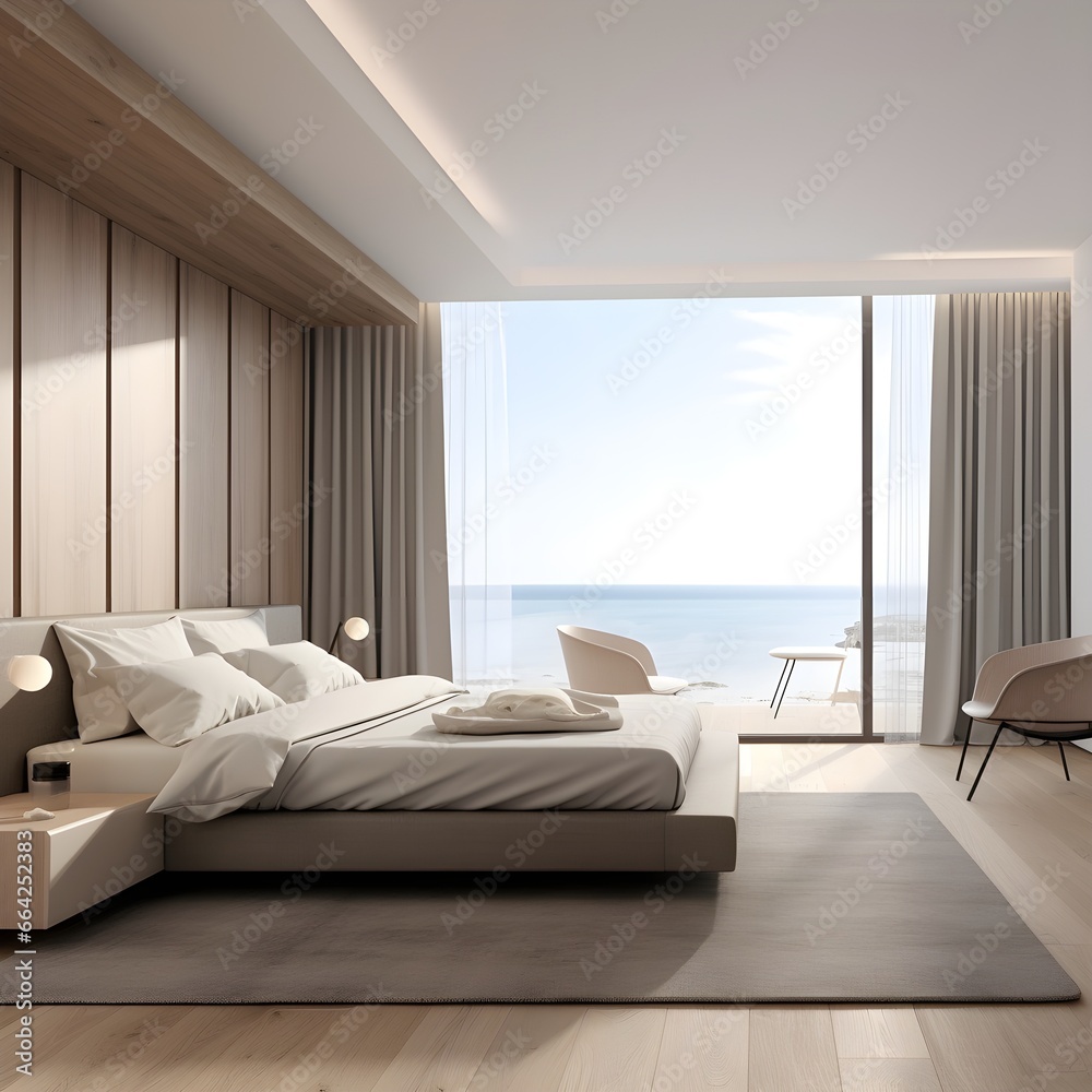 hotel room, textile bed board, neutral light tones, contemporary and minimalist design with big windows and sea view on the window hotel room, textile bed board, neutral light tones, contemporary and minimalist design with big windows and sea view on the window