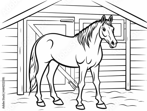 Doodle Horse in stable, cartoon sticker, sketch, vector, Illustration, minimalistic