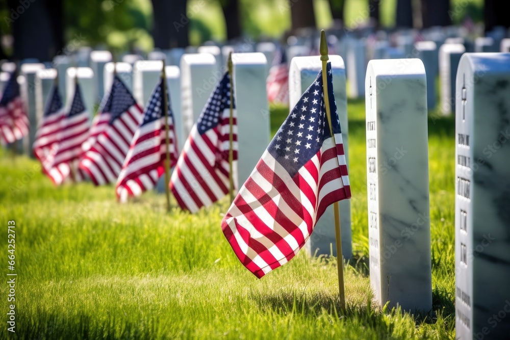 Military Headstones and Gravestones Decorated With Flags for Memorial Day.