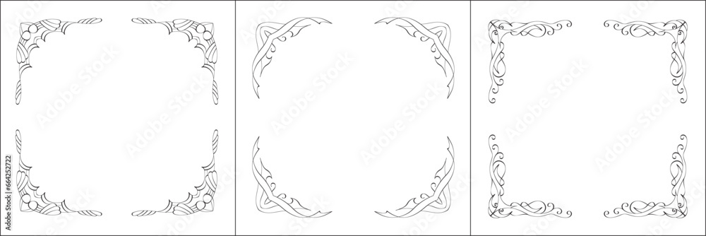 Set of three vector frames. Elegant black and white monochrome ornamental corners for greeting cards, banners, invitations. Vector frame for all sizes and formats. Isolated vector illustration. Set of three vector frames. Elegant black and white monochrome ornamental corners for greeting cards, banners, invitations. Vector frame for all sizes and formats. Isolated vector illustration.