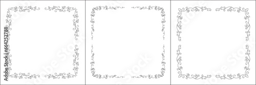Set of three vector frames. Elegant black and white monochrome ornamental corners for greeting cards, banners, invitations. Vector frame for all sizes and formats. Isolated vector illustration.