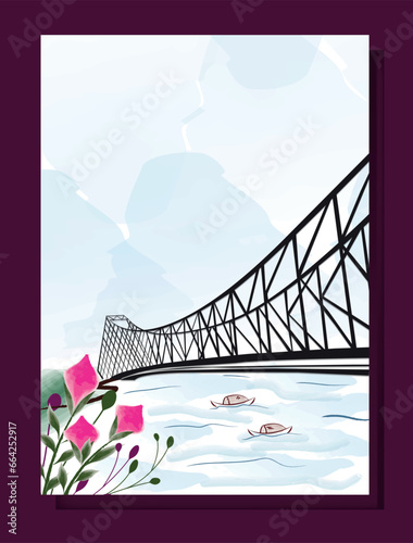 Howrah bridge greeting card vector design with watercolor illustration in vector