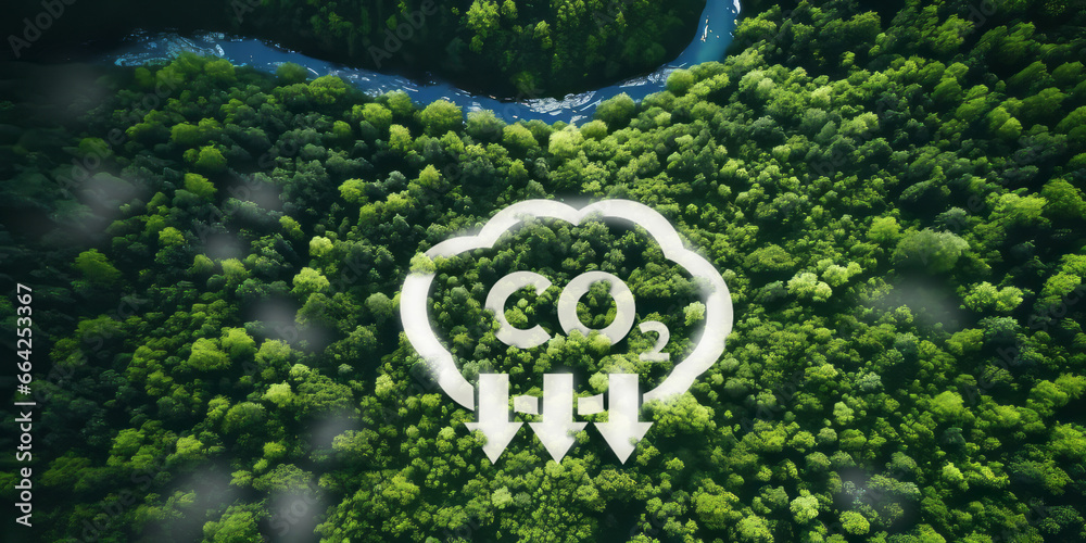 Reduction of carbon emissions, carbon neutral concept. Net zero greenhouse gas emissions target. Reducing carbon on the top view of the forest for environmental sustainability and limit global warming - obrazy, fototapety, plakaty 