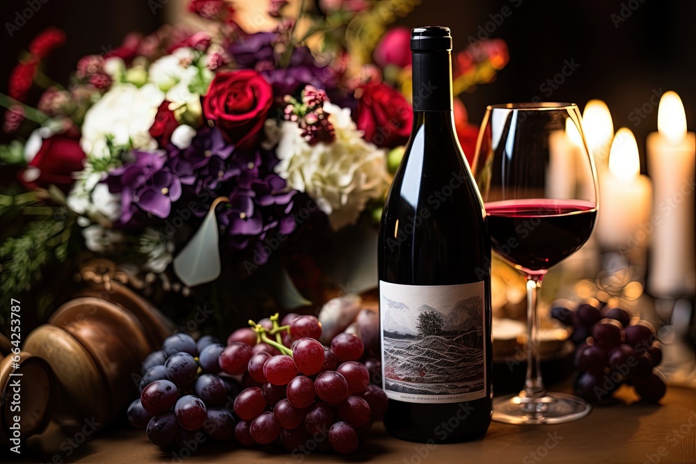 Romantic Wine and Flowers on Wooden Table
