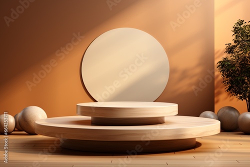 Opulent wood podium in an abstract cream color composition for product presentation, creating a unique and luxurious display