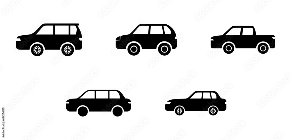 Car icon set. auto, vehicle, transport, transportation, van, automobile, pickup, sedan, cars, traffic, drive, icons. Black solid icon collection. Vector illustration