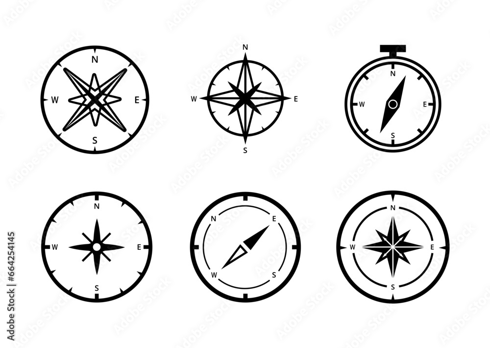 Compass icon set. guide, direction, navigate, rose, wind, north, south, east, west, map, navigation, travel, guidance, icons. Black solid icon collection. Vector illustration