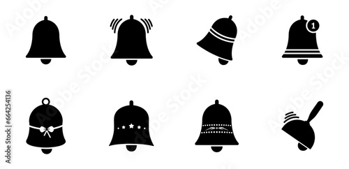Bell icon set. notification, alert, message, alarm, reminder, ring, sound, inbox, incoming, vibration, siren, emergency, icons. Black solid icon collection. Vector illustration