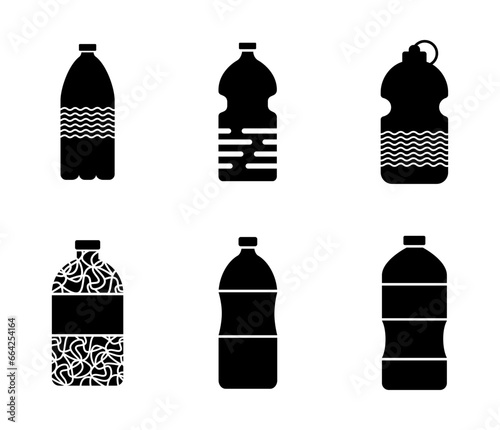 Bottle icon set. water  drink  plastic  mineral  pure  glass  container  bottles  liquid  empty  healthy  fresh  beverage  full  cold  icons. Black solid icon collection. Vector illustration