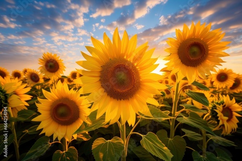 Sunflowers turning toward the sun in the soft morning light.