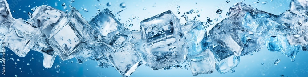 Pieces of ice and water on blue background.