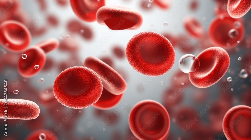 Red blood cells under microscope, scientific illustration, Blood Clot or thrombus blocking the red blood cells stream within an artery.red blood cells circulating in the blood vessels