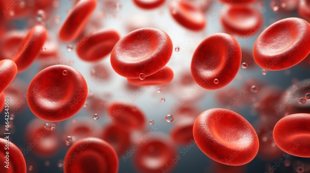 Red blood cells under microscope, scientific illustration, Blood Clot or thrombus blocking the red blood cells stream within an artery.red blood cells circulating in the blood vessels