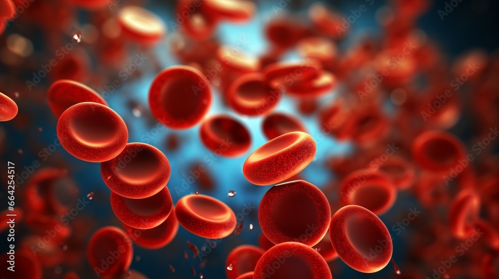 Red blood cells under microscope, scientific illustration, Blood Clot or thrombus blocking the red blood cells stream within an artery.red blood cells circulating in the blood vessels