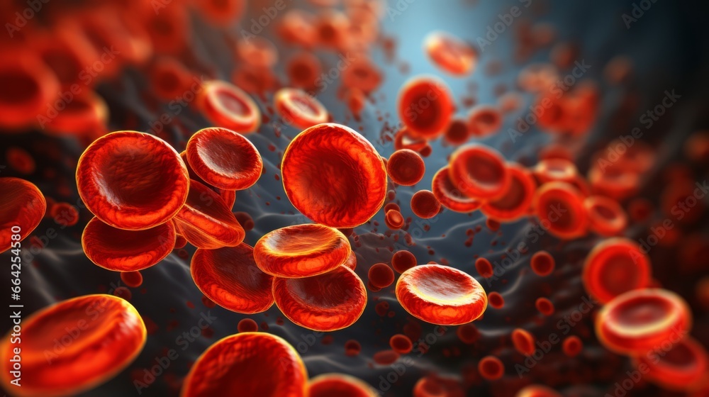 Red blood cells under microscope, scientific illustration, Blood Clot or thrombus blocking the red blood cells stream within an artery.red blood cells circulating in the blood vessels