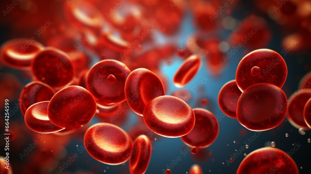 Red blood cells under microscope, scientific illustration, Blood Clot or thrombus blocking the red blood cells stream within an artery.red blood cells circulating in the blood vessels - obrazy, fototapety, plakaty 