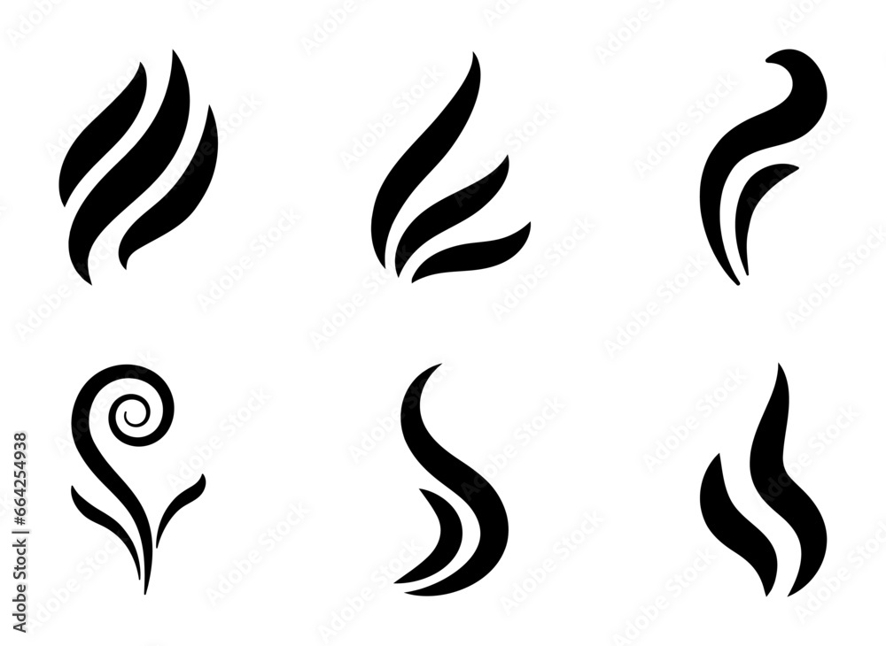 Steam icon set. smell, smoke, vapour, aroma, odour, heat, hot, water, stream, tea, hot drink, cigarette, icons. Black solid icon collection. Vector illustration - obrazy, fototapety, plakaty 