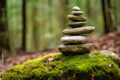 Pyramid stones balance on old mossy fallen tree.