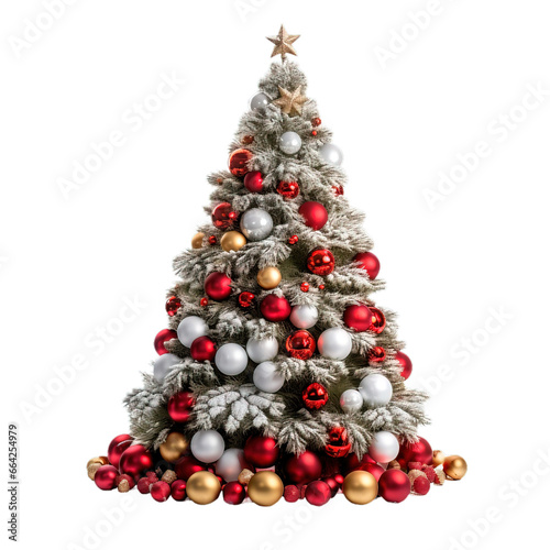 Christmas tree with many bright balls, golden and red New Year tree composition