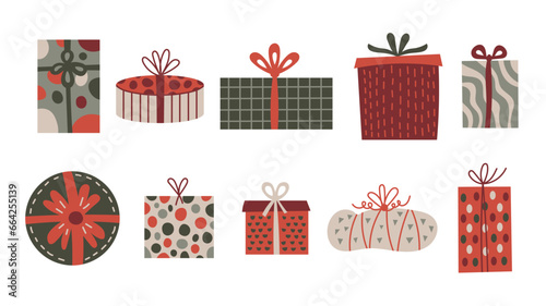 Christmas gift box set. Funny doodle Xmas gifts collection. Various packaging with traditional colors and ribbons. Vector illustration. 
