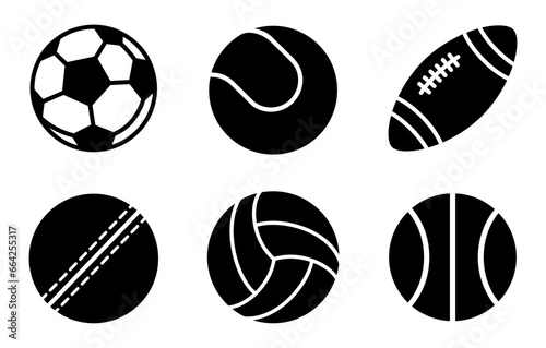 Sports Balls icon set. football  ball  basketball  soccer  volleyball  baseball  sport  game  rugby  handball  icons. Black solid icon collection. Vector illustration