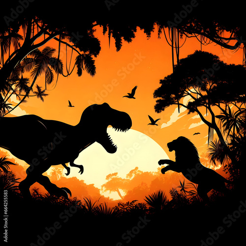 Epic Showdown  Gigantic Dinosaur in Pursuit of Majestic Lion