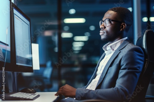 African American Man Working on Computer at Night. Fictional characters created by Generated AI.