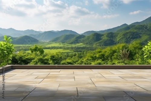 Square floor and green mountain nature landscape. photo