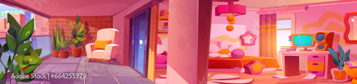 Modern apartment with balcony. Vector cartoon illustration of groovy bedroom with pink girly bed, computer on desk, books on shelf, mirror on wall, patio with armchair and plants, cityscape view