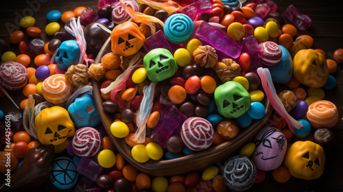Candy Galore  Piles of assorted Halloween candy shot from above.