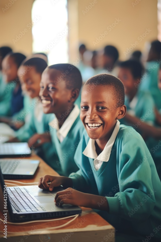 Happy Children Learning with Laptops. Fictional characters created by Generated AI. Happy Children Learning with Laptops. Fictional characters created by Generated AI.