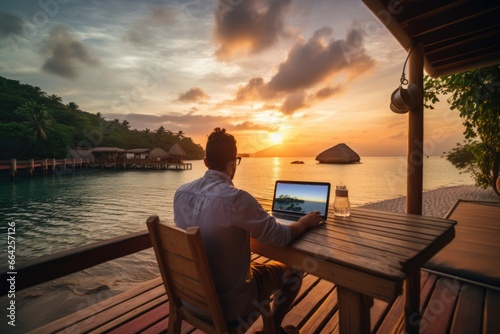 Young nomad man sitting on a Beach, working on the internet remotely at sunset, Traveling with a computer.
