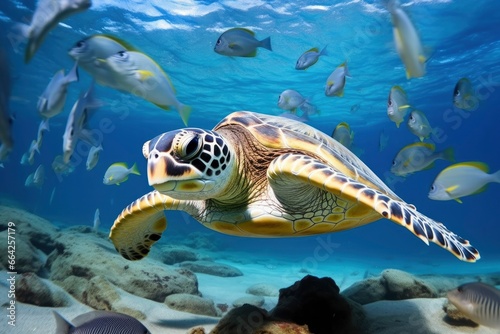 Turtle closeup with school of fish.