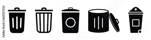 Trash bin icon set. garbage, waste, rubbish, can, recycle, recycling, dustbin, clean, icons. Black solid icon collection. Vector illustration