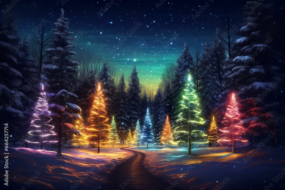 Nighttime Christmas trees. Generative AI