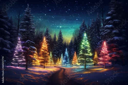 Nighttime Christmas trees. Generative AI © Ione