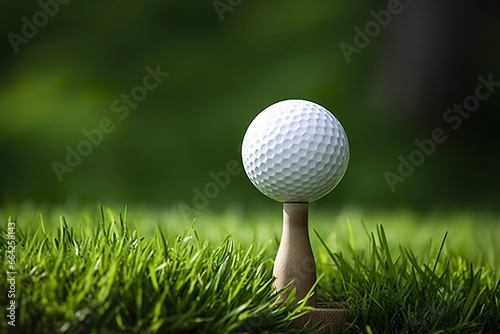 White golf ball on wooden tee with grass.