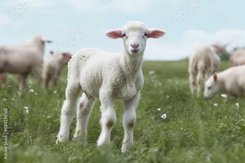 White lamb in a field in front of other animals. © AbdulHamid
