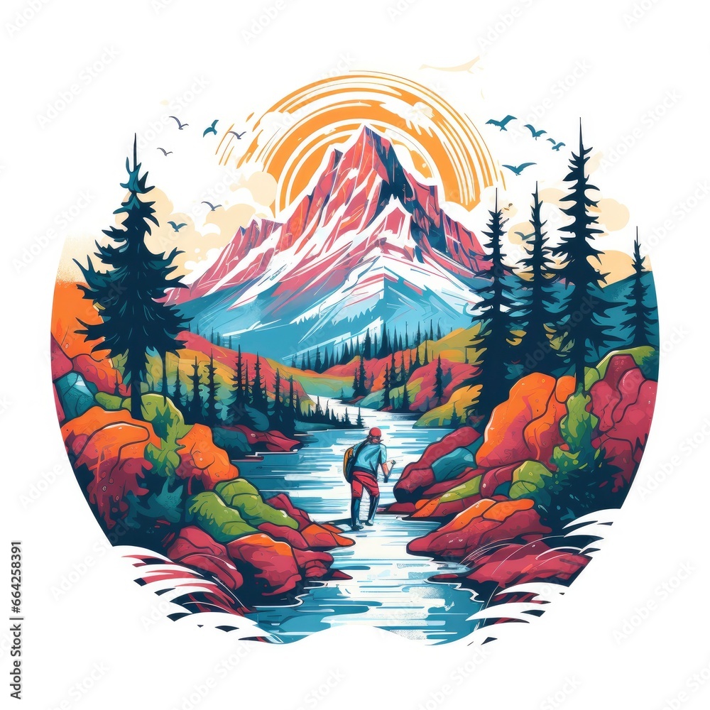 Vibrant colors wilderness hiking scene for t-shirt.