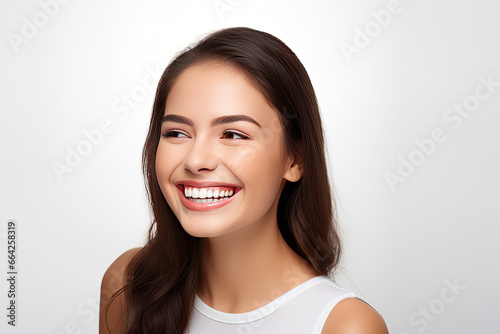 studio photo of a beautiful young woman model with perfect clean teeth laughing and smiling isolated on white background