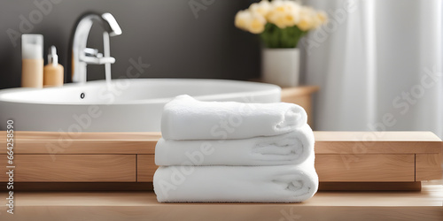Wooden tabletop counter with a towel. in front of bright out of focus bathroom. copy space