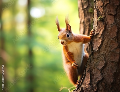 Beautiful squirrel on a tree in a forest park in the summer.